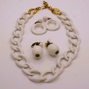 Vintage Monet White Enamel Gold Tone Chain Necklace and 2 Pair White Earrings